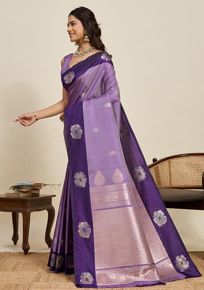 Purple Weaved Silk Saree Set - Indya