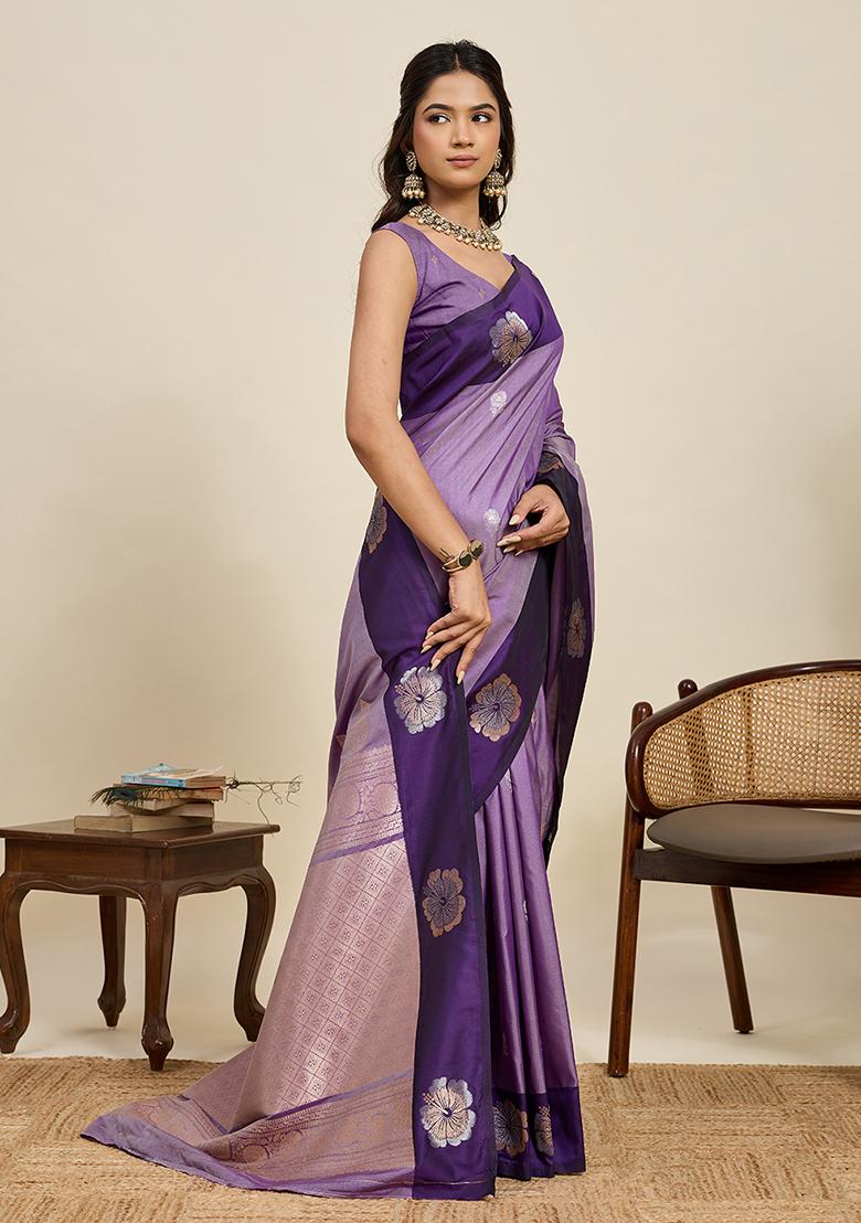Purple Weaved Silk Saree Set - Indya
