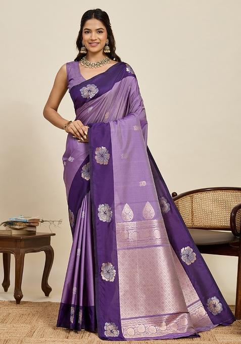 Purple Weaved Silk Saree Set