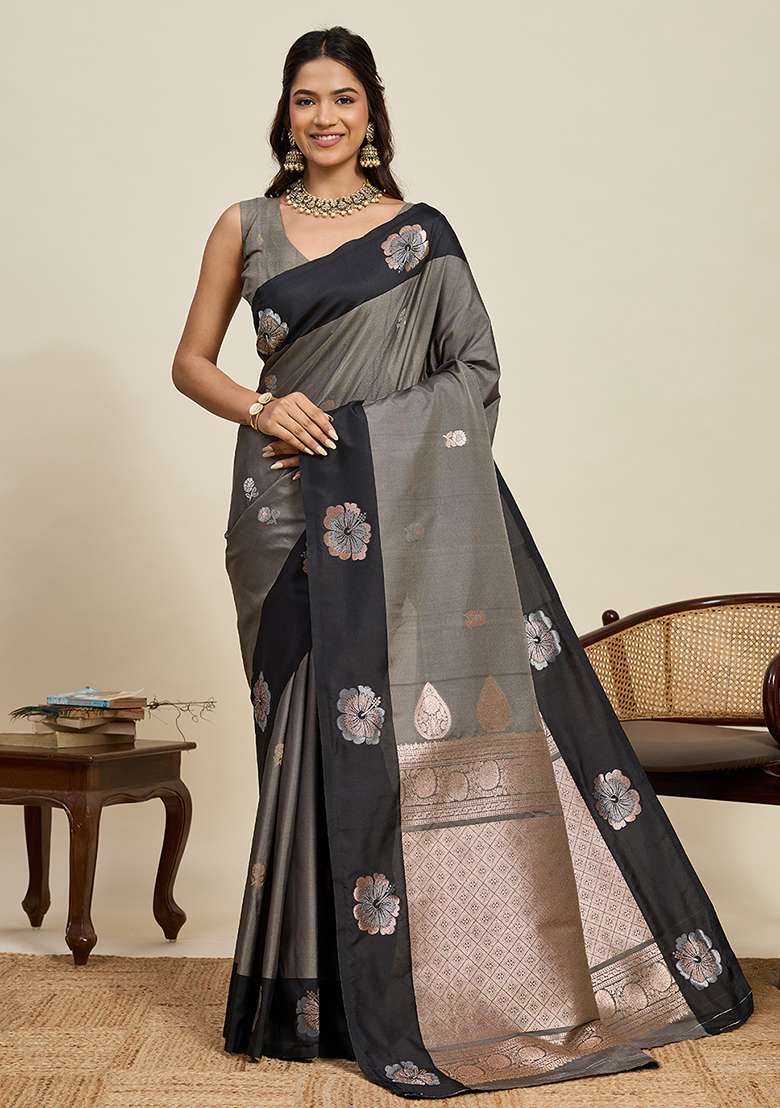Grey Weaved Silk Blend Saree Set for Diwali and Festive Wear - Indya