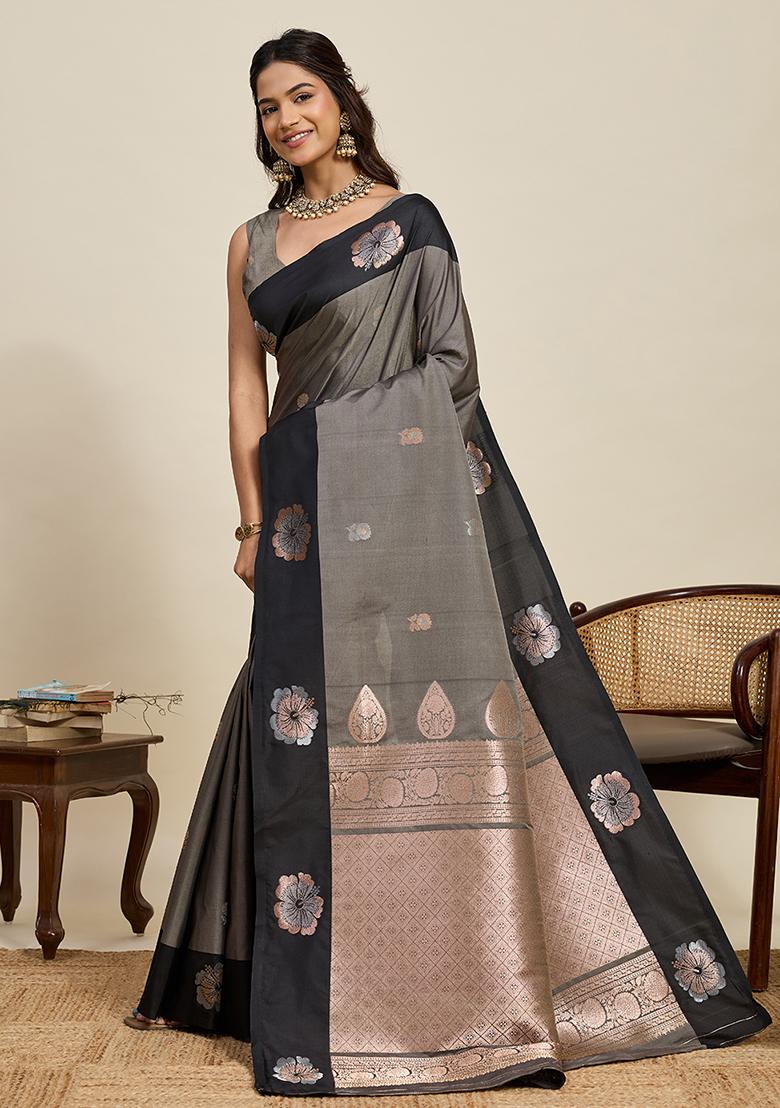 Grey Weaved Silk Saree Set - Indya