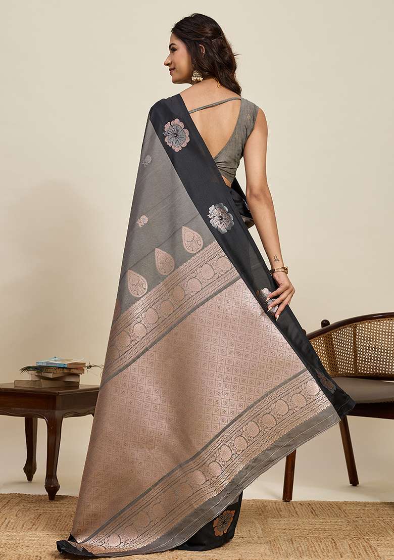 Grey Weaved Silk Blend Saree Set for Diwali and Festive Wear - Indya