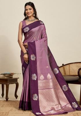 Purple Weaved Silk Saree Set