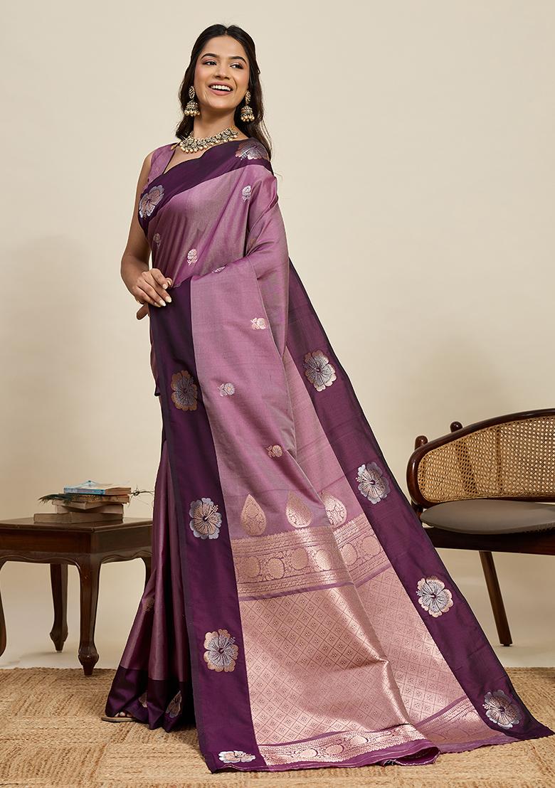 Purple Weaved Silk Saree Set - Indya