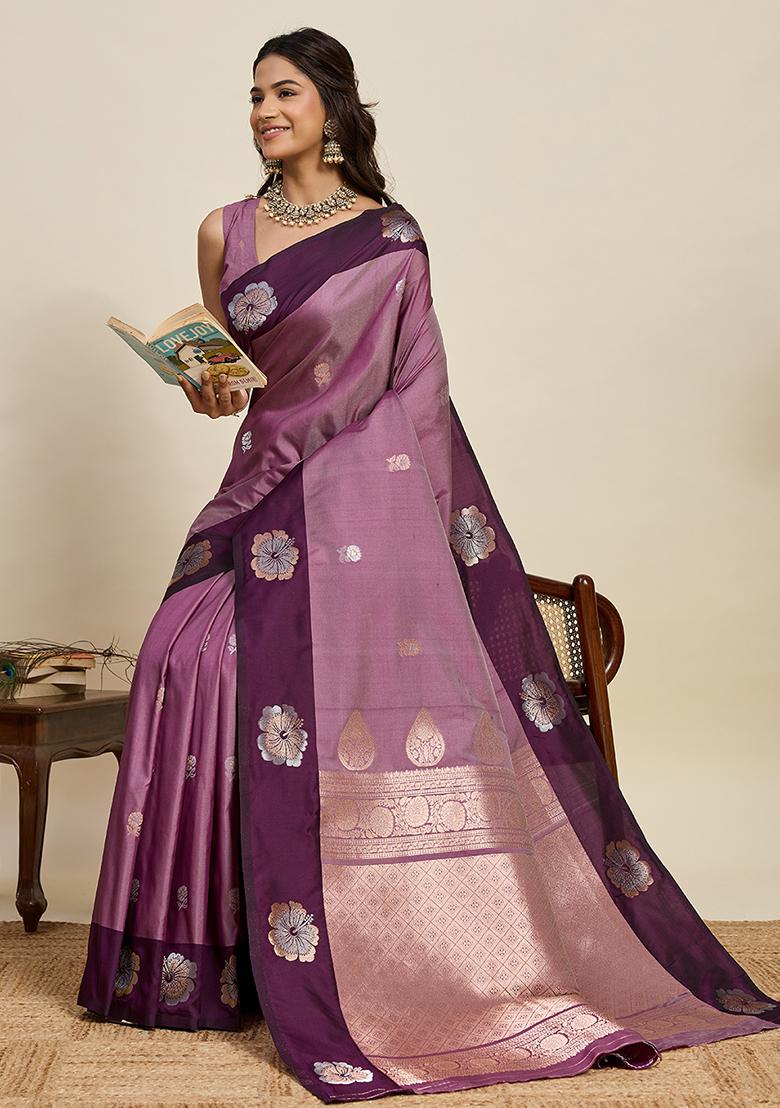 Purple Weaved Silk Saree Set - Indya
