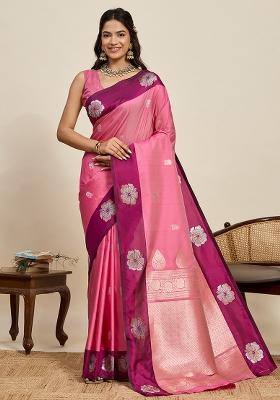 Pink Weaved Silk Saree Set
