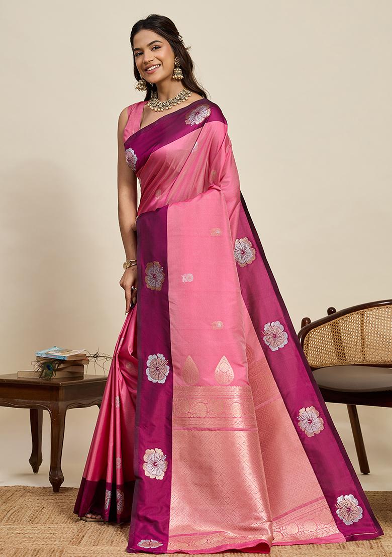 Pink Weaved Silk Saree Set - Indya