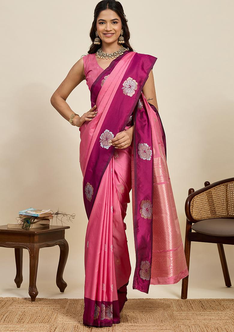 Pink Weaved Silk Saree Set - Indya