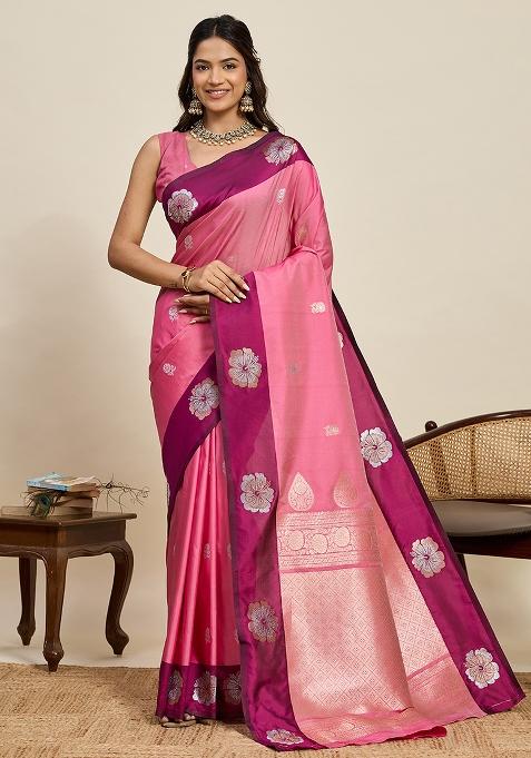 Pink Weaved Silk Saree Set