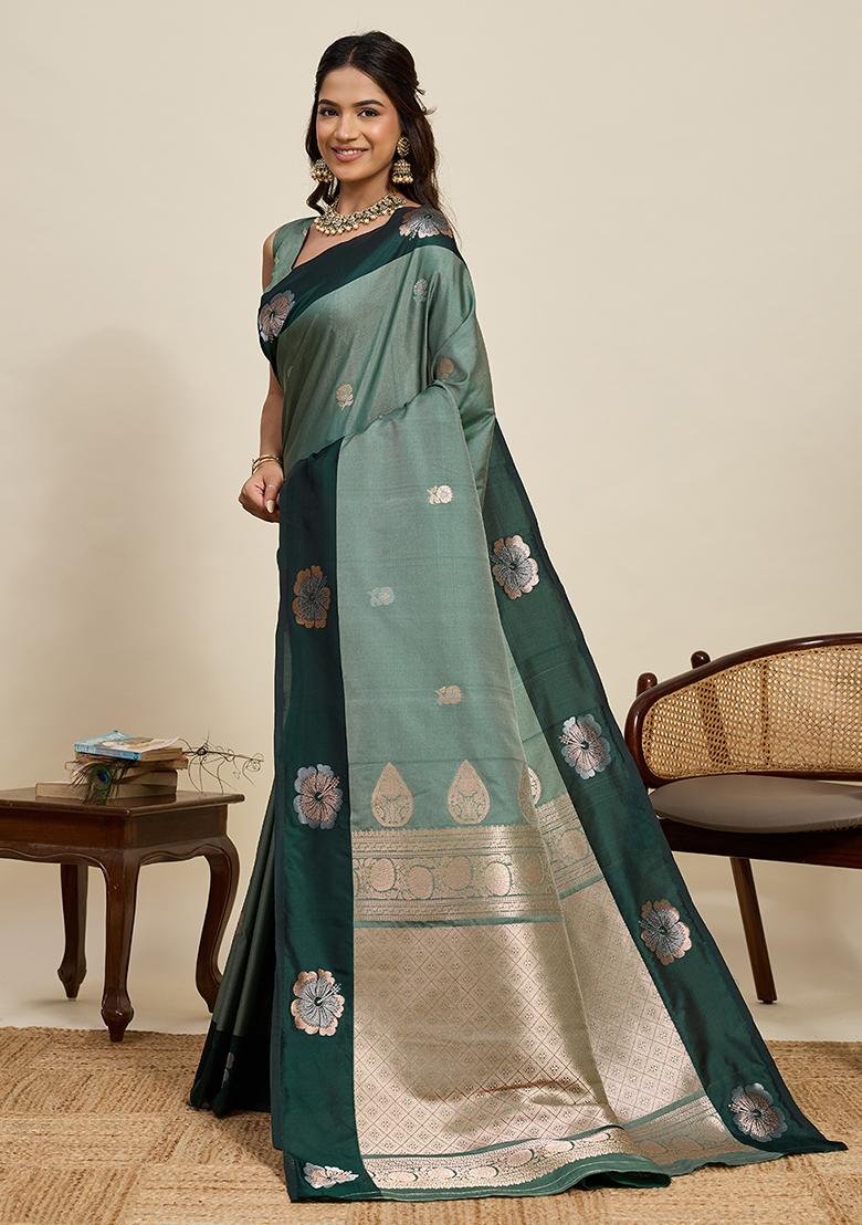 Bottle Green Weaved Silk Saree Set - Indya