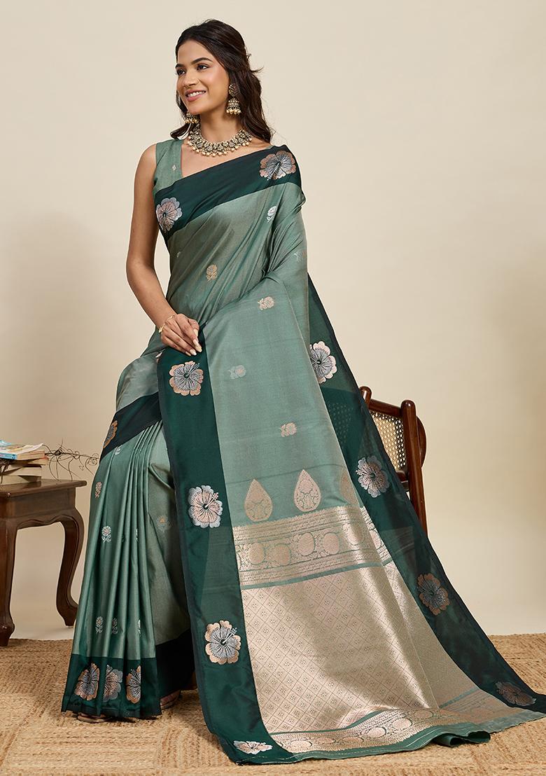 Bottle Green Weaved Silk Saree Set - Indya
