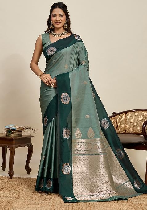 Bottle Green Weaved Silk Saree Set — view on Indya