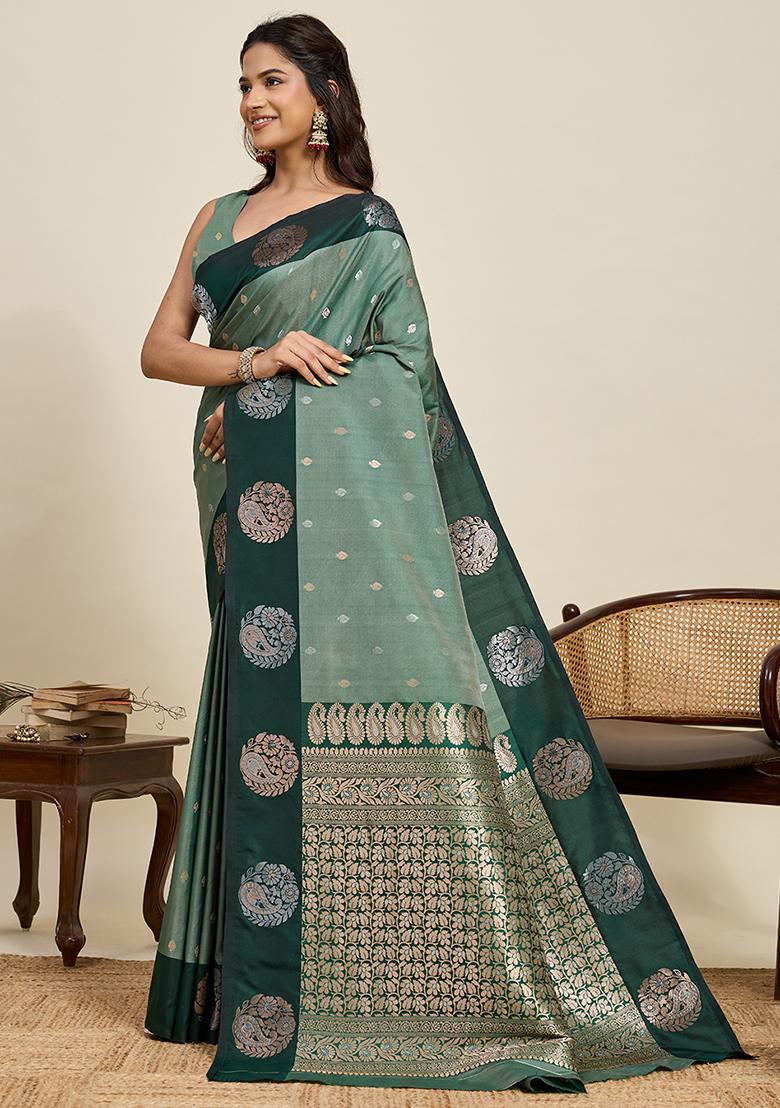 Green Weaved Silk Saree Set - Indya
