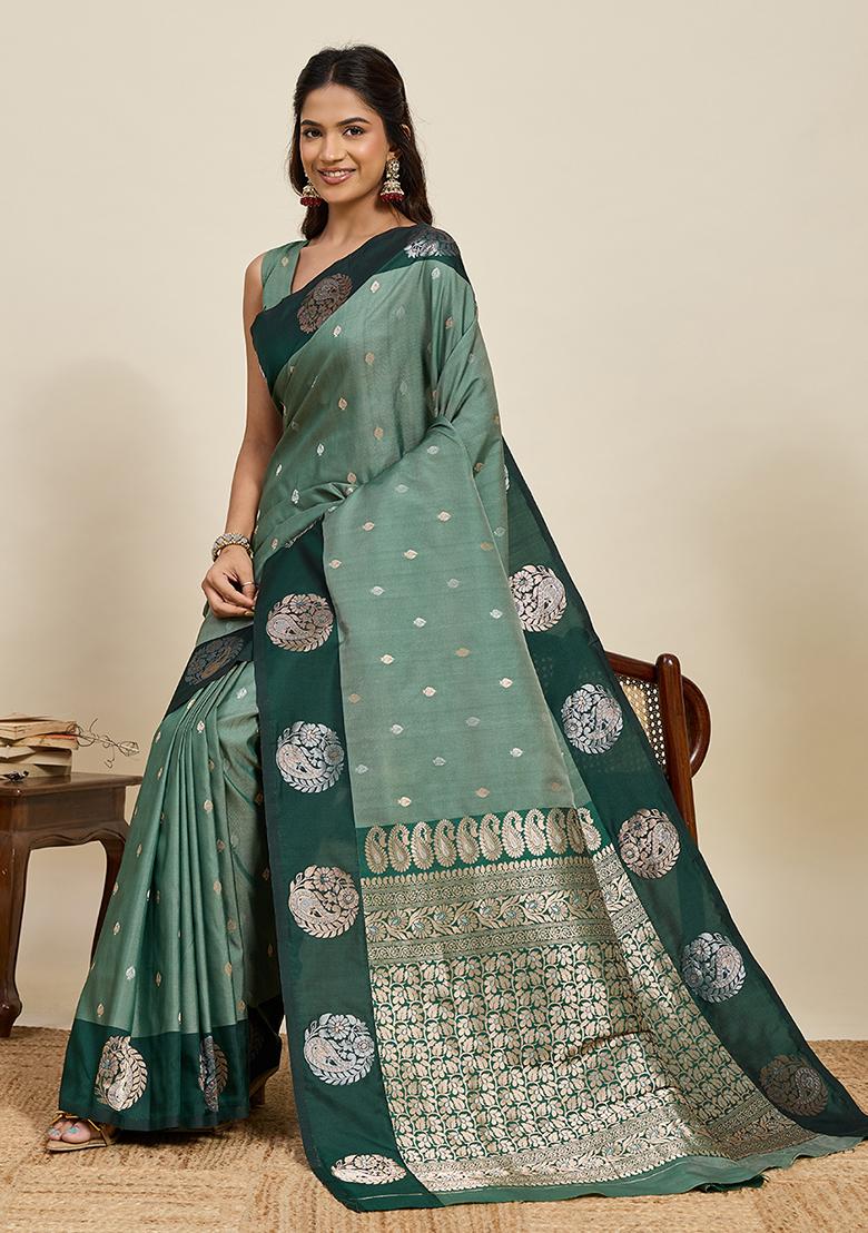 Green Weaved Silk Saree Set - Indya