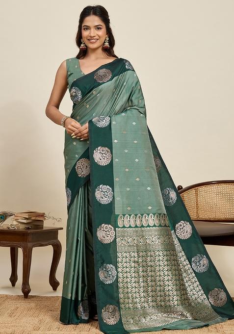 Green Weaved Silk Saree Set