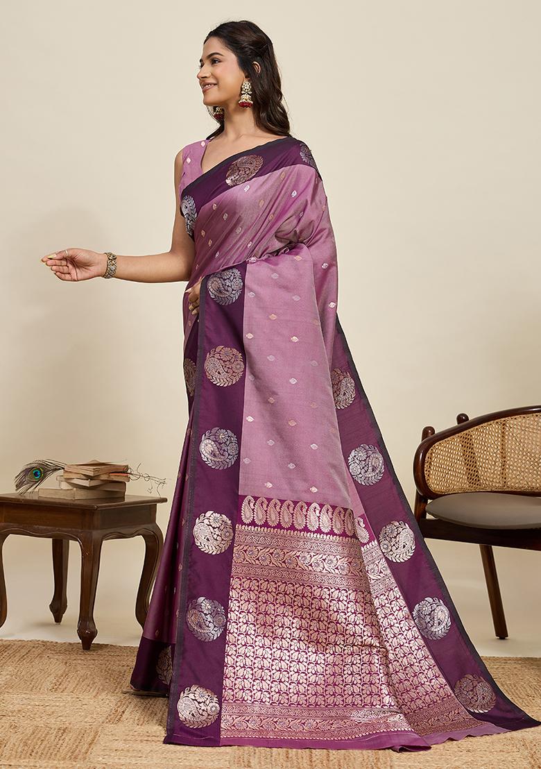 Purple Weaved Silk Saree Set - Indya