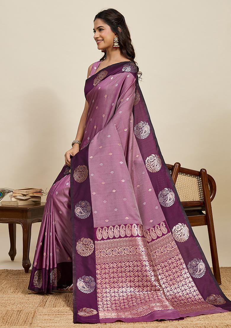 Purple Weaved Silk Saree Set - Indya