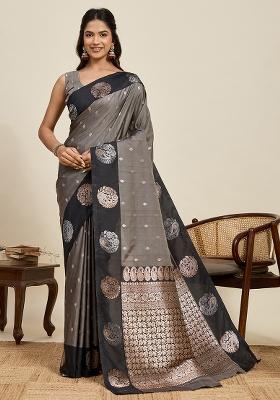 Grey And Black Weaved Silk Saree Set