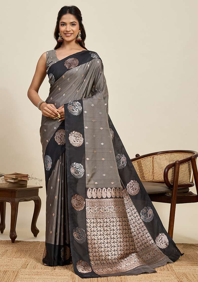 Grey And Black Weaved Silk Blend Saree Set for Diwali and Festive Wear - Indya