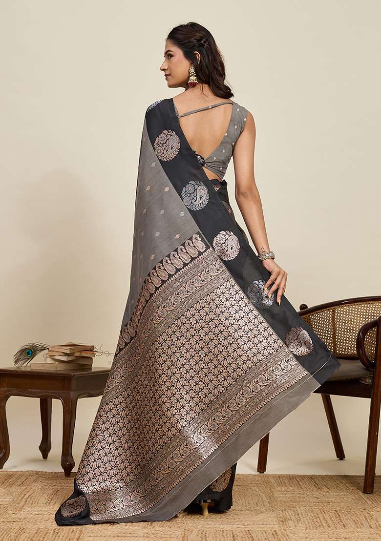 Grey And Black Weaved Silk Blend Saree Set for Diwali and Festive Wear - Indya