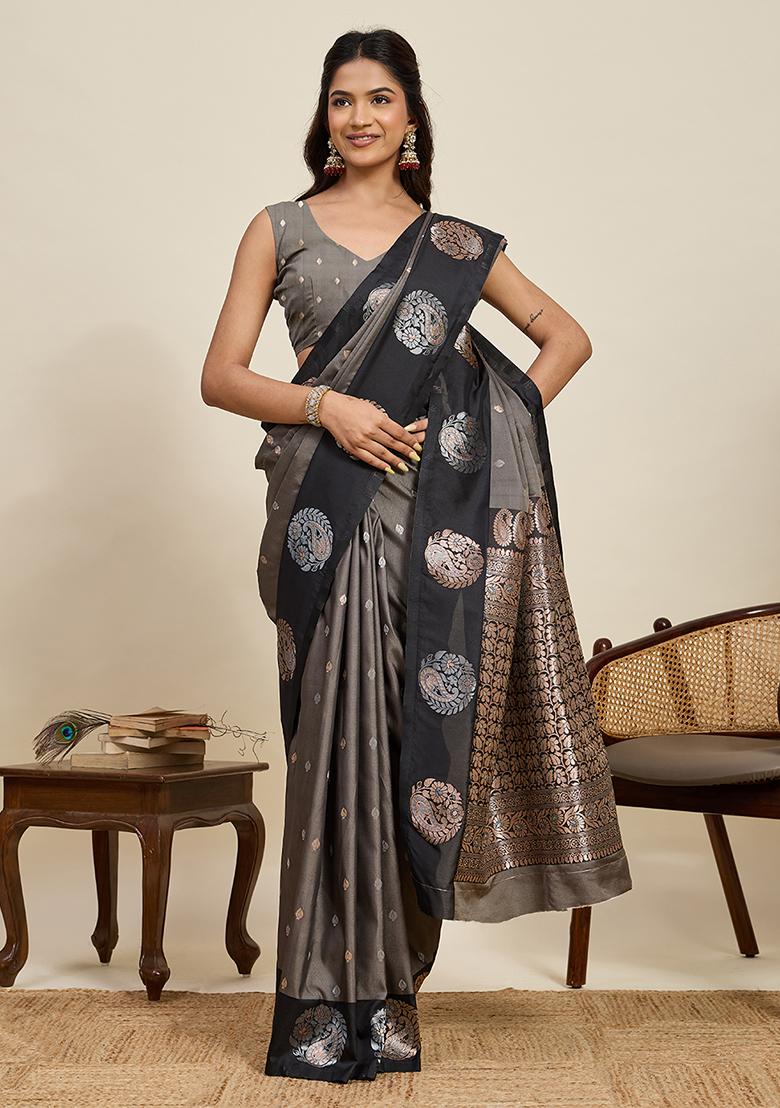 Grey And Black Weaved Silk Saree Set - Indya