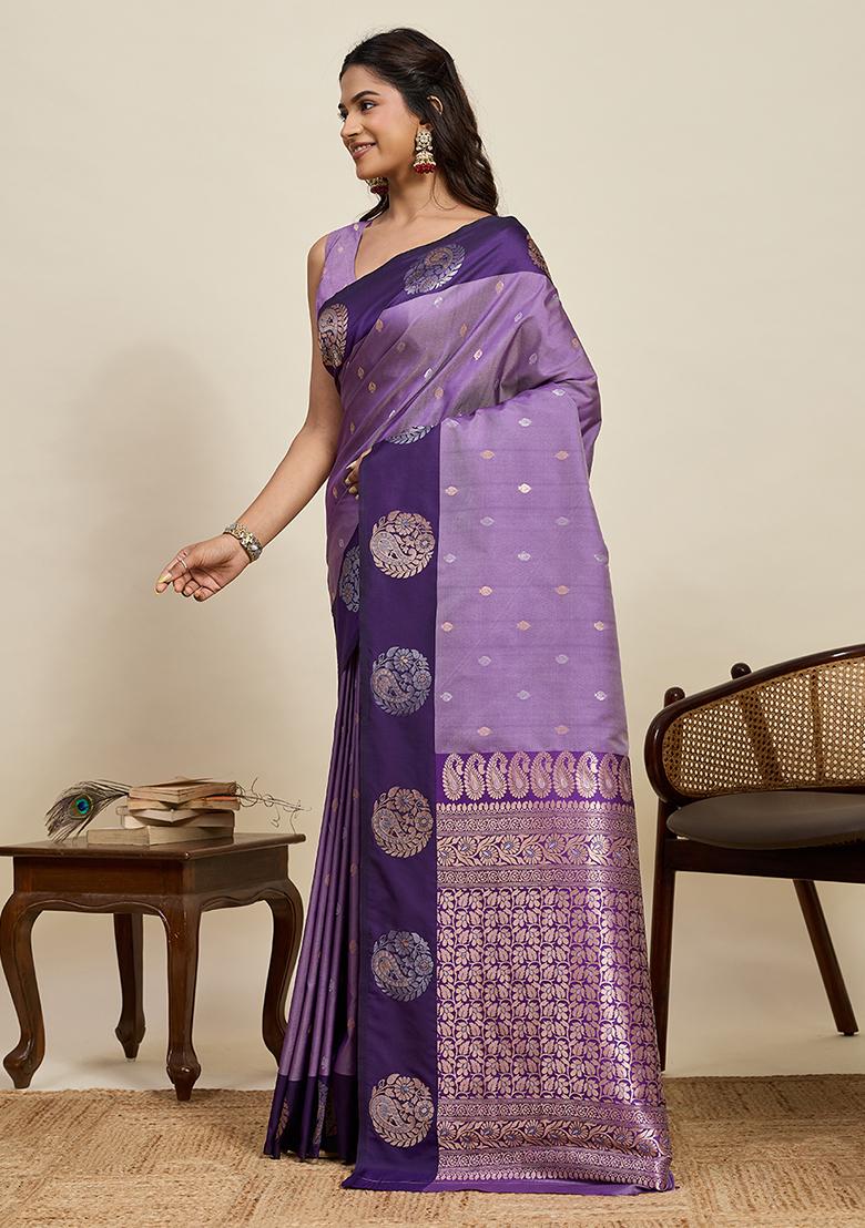 Purple Weaved Silk Saree Set - Indya