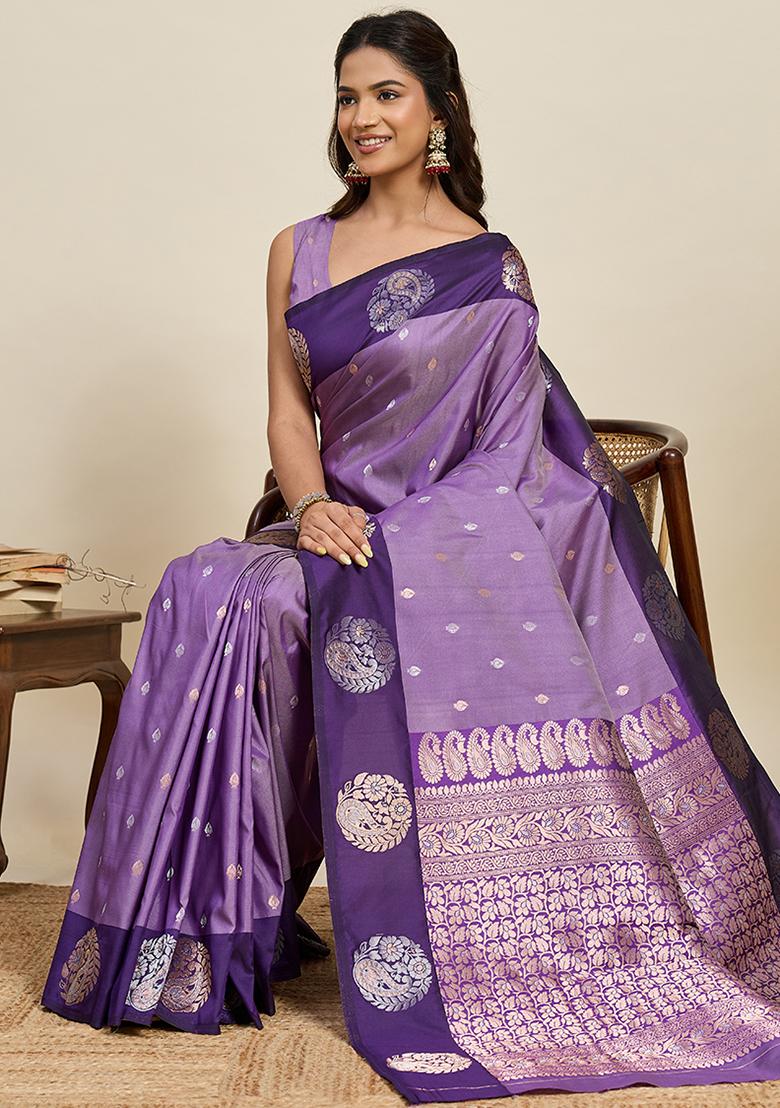 Purple Weaved Silk Saree Set - Indya