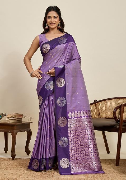 Purple Weaved Silk Saree Set