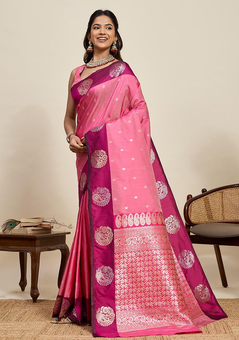 Pink Weaved Silk Saree Set - Indya
