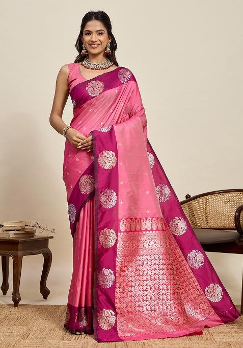 Pink Weaved Silk Saree Set
