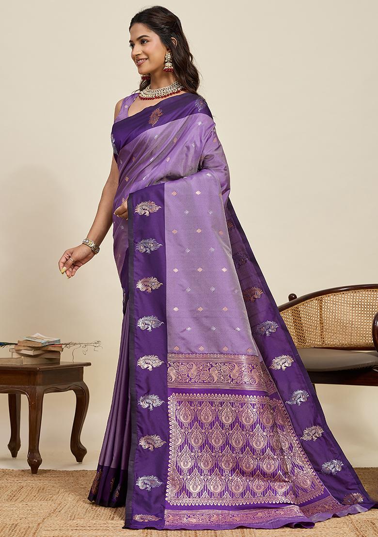 Purple Weaved Silk Saree Set - Indya
