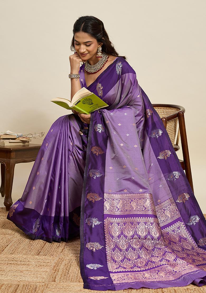 Purple Weaved Silk Saree Set - Indya