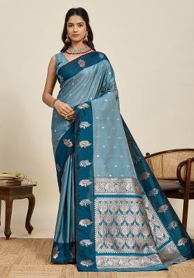 Blue Weaved Silk Blend Saree Set