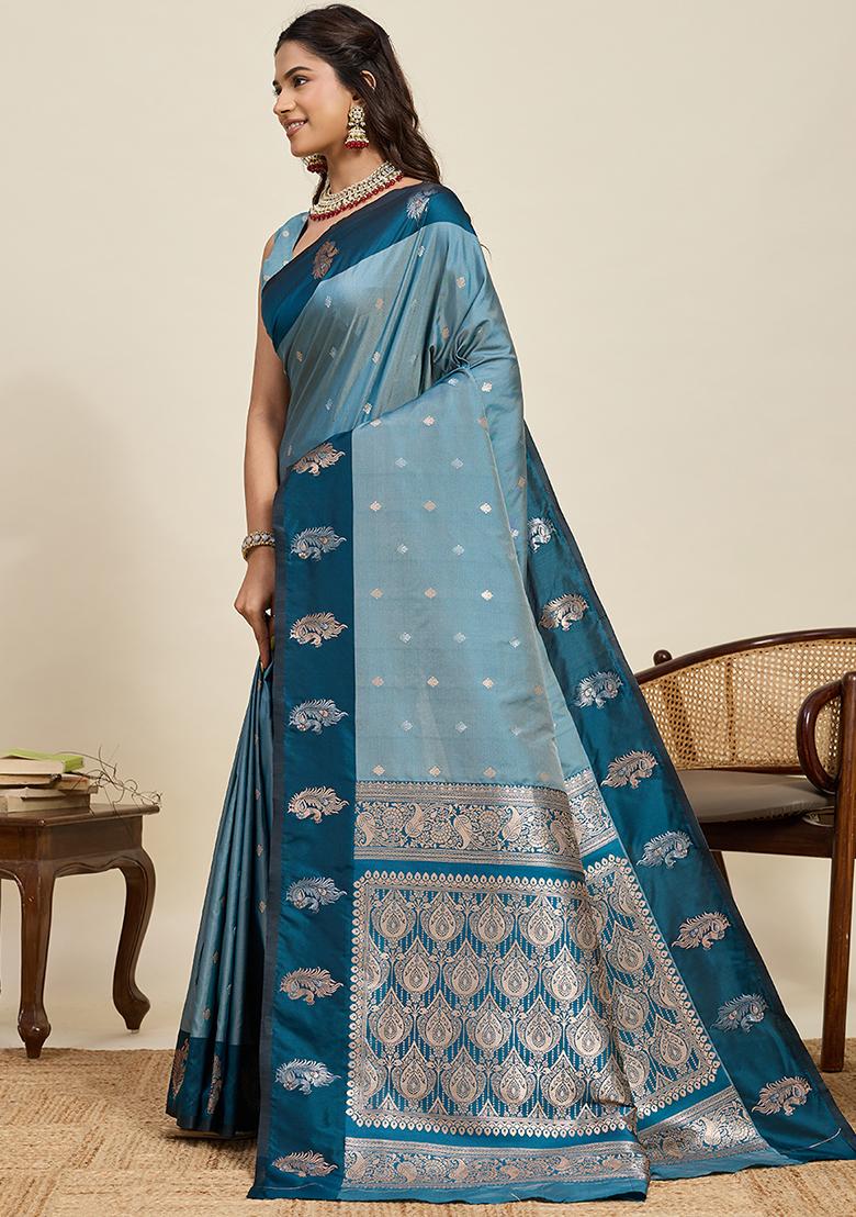 Blue Weaved Silk Saree Set - Indya