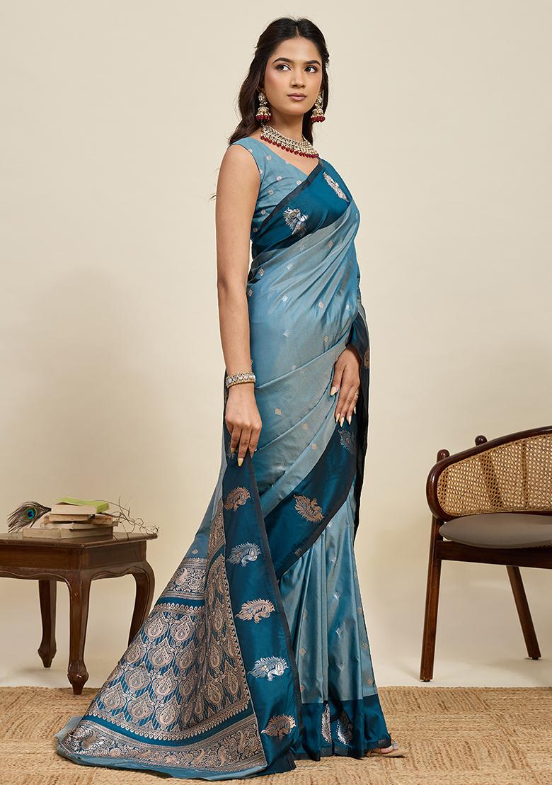 Blue Weaved Silk Saree Set - Indya