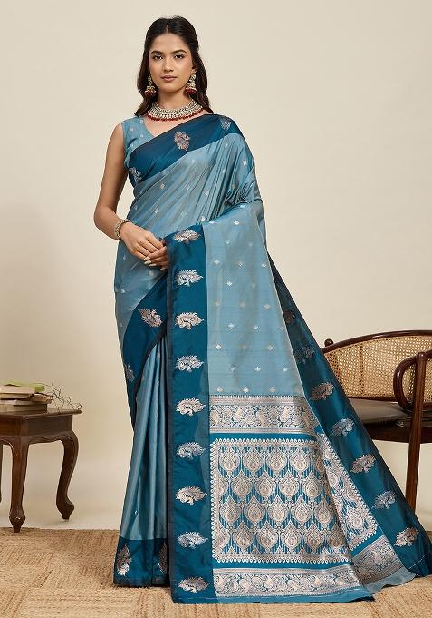 Blue Weaved Silk Saree Set