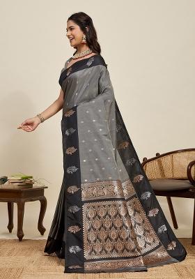 Black Weaved Silk Saree Set