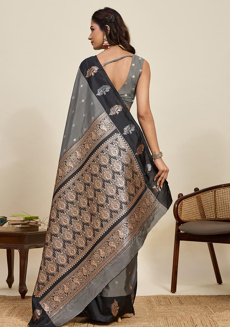 Black Weaved Silk Saree Set - Indya