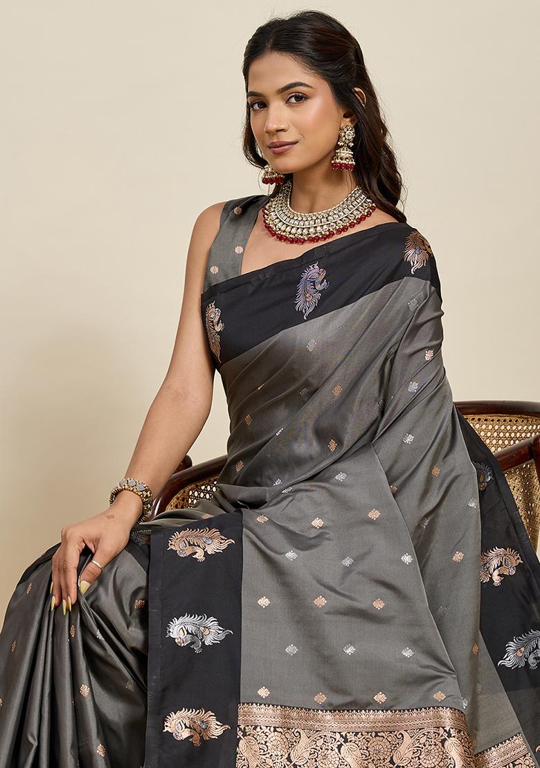 Black Weaved Silk Saree Set - Indya