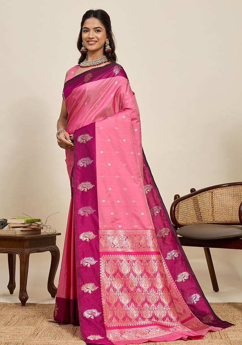 Pink Weaved Silk Saree Set - Indya