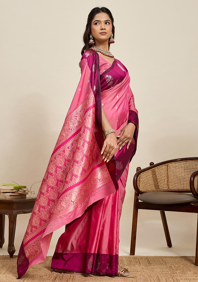 Pink Weaved Silk Saree Set - Indya