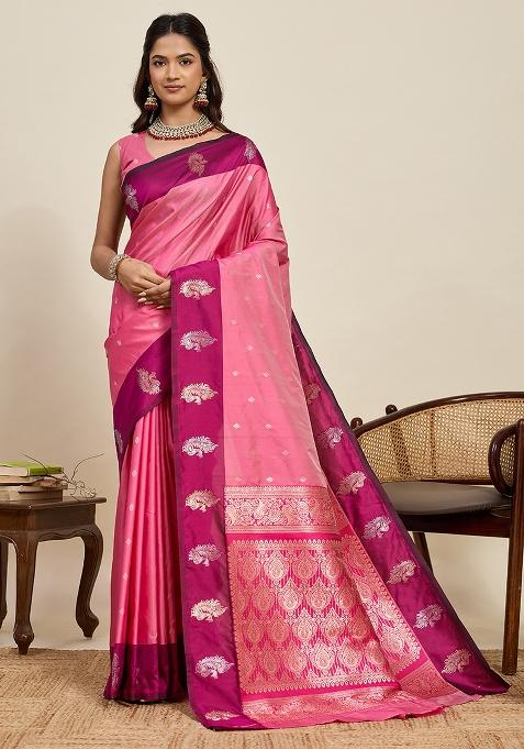 Pink Weaved Silk Saree Set