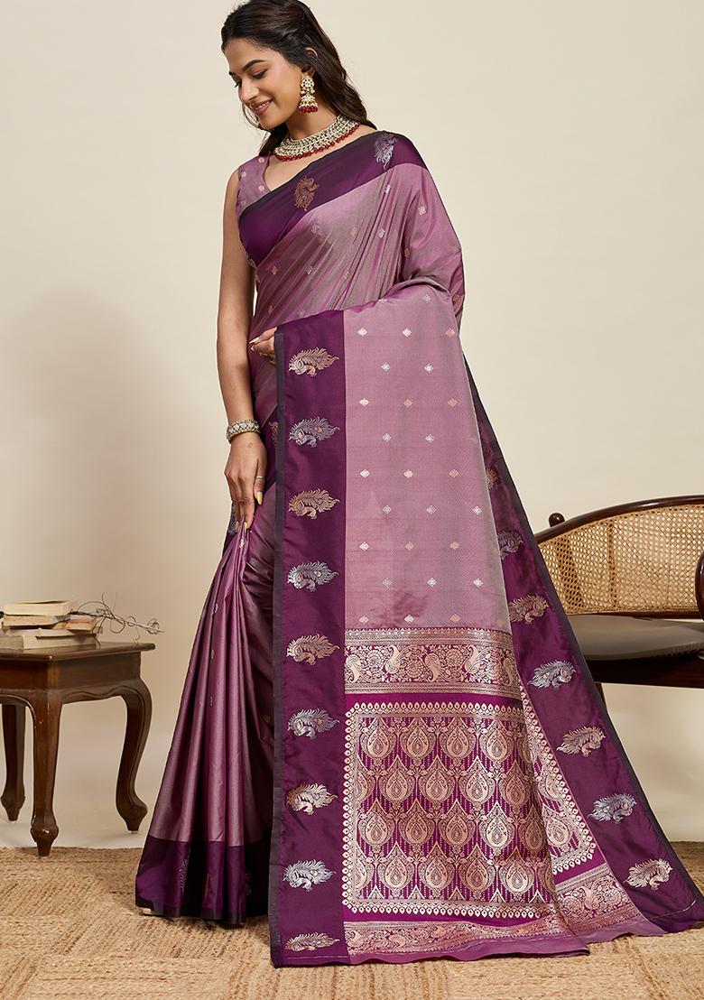 Wine Weaved Silk Saree Set - Indya