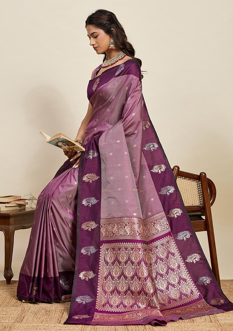 Wine Weaved Silk Saree Set - Indya