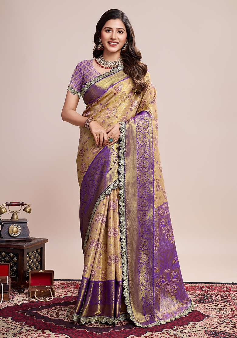 Lavender Weaved Silk Blend Saree Set for Diwali | Wedding & Festive Wear - Indya