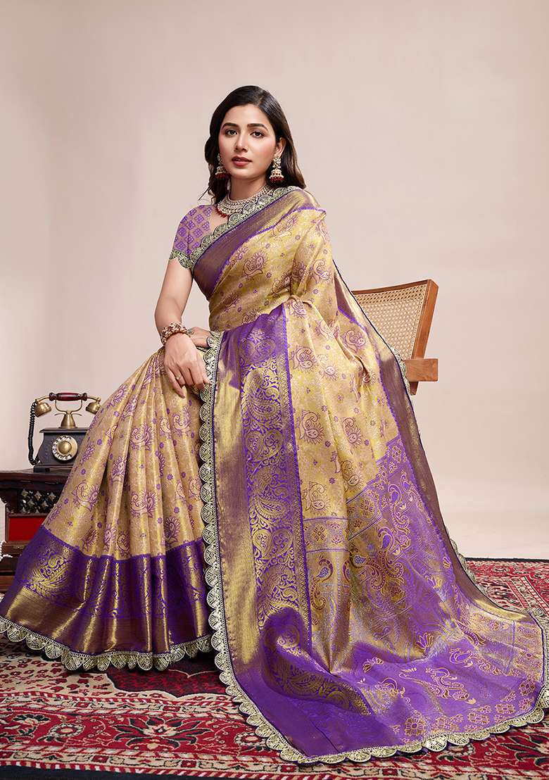 Lavender Weaved Silk Blend Saree Set for Diwali | Wedding & Festive Wear - Indya