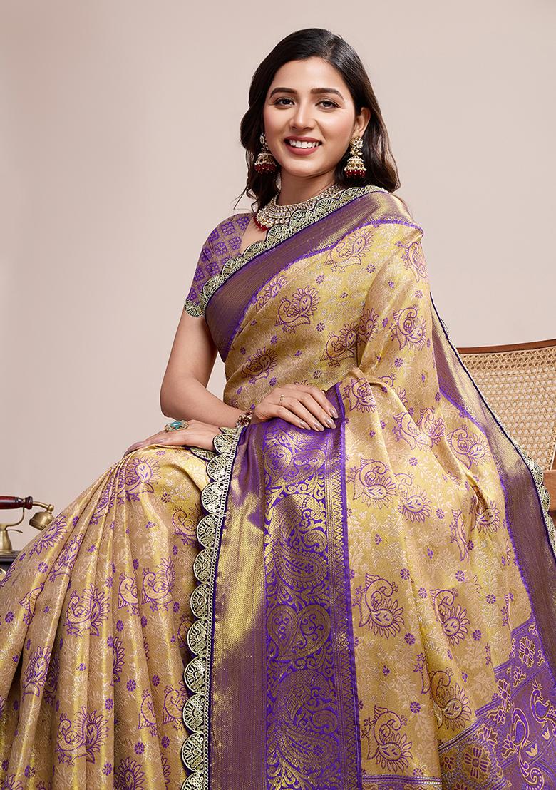Lavender Weaved Silk Saree Set - Indya
