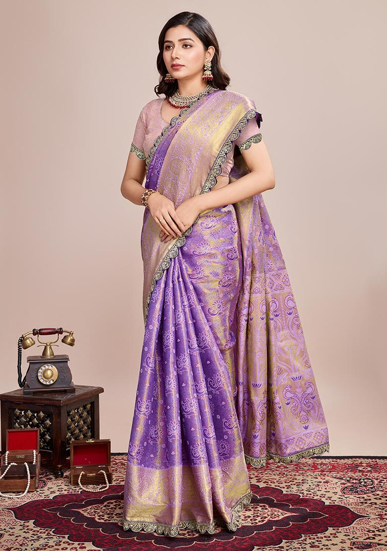 Purple Weaved Silk Saree Set - Indya