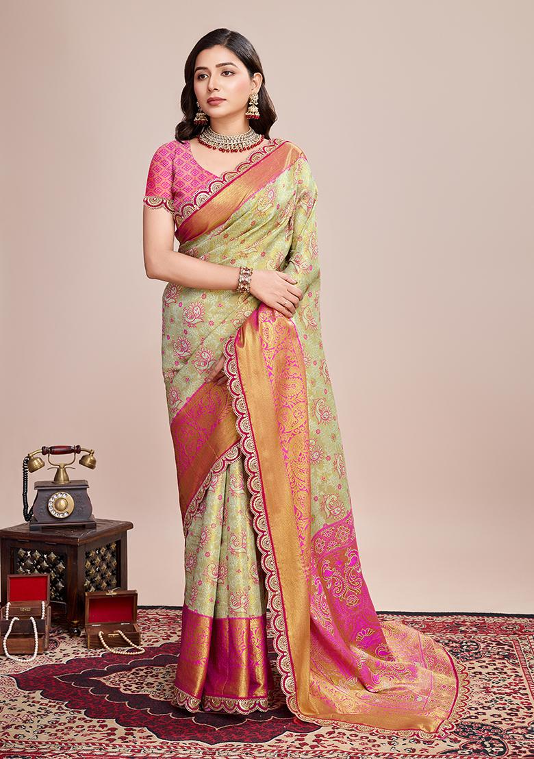 Pista Weaved Silk Saree Set - Indya