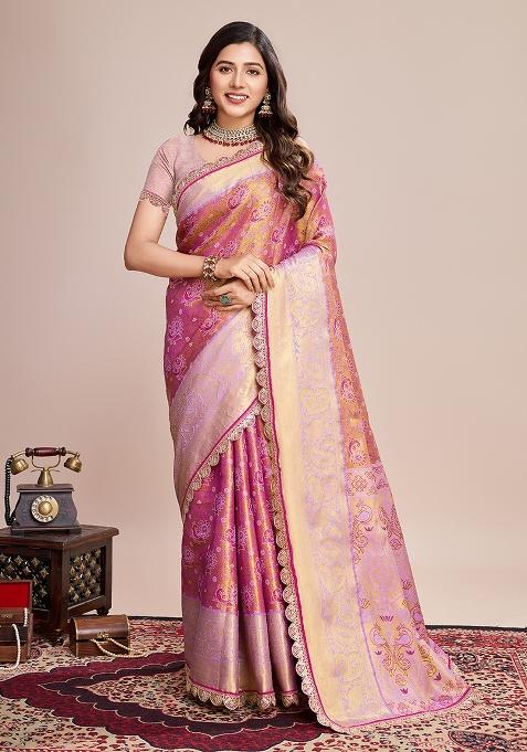 Pink Weaved Silk Blend Saree Set